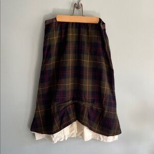 Plaid High-Low Midi Skirt with White Ruffle Hem